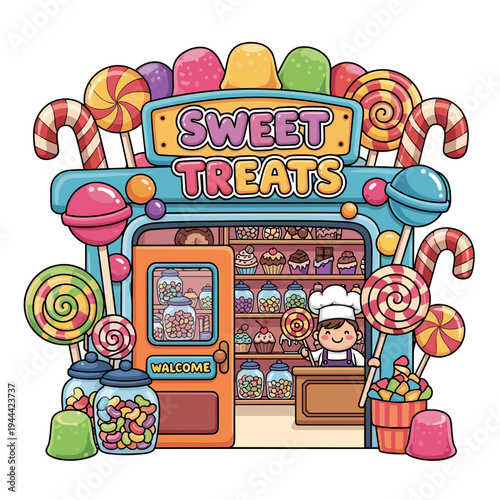Cheerful chef selling colorful candies and desserts at a sweet treats shop