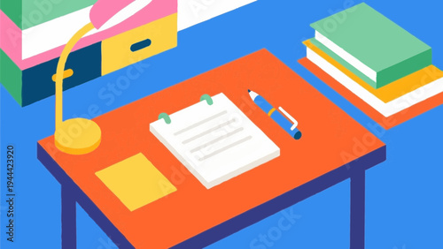 Desk work, note and pen. Simple illustration reminiscent of Scandinavia. Vector illustration. (No text) colorful
