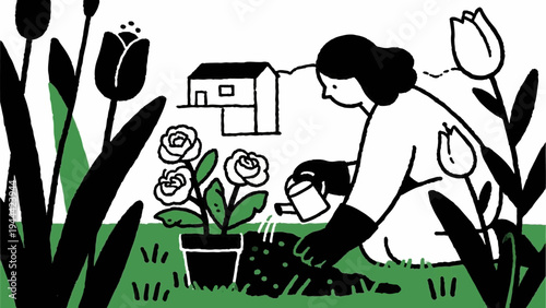 Line art, home gardening. Gardening, simple illustrations
