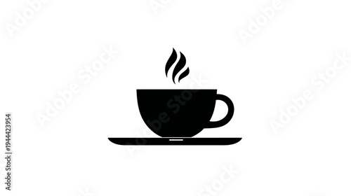 A simple, black coffee cup with steam rising, on a saucer against a white background