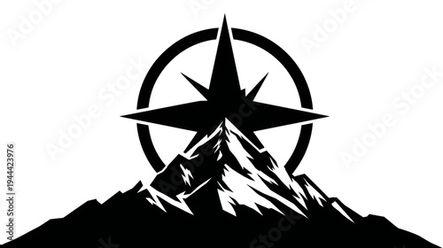 A stark, minimalist emblem with a mountain range beneath a compass rose symbol