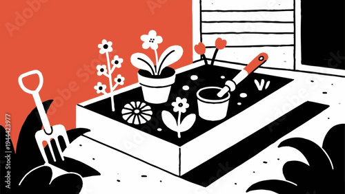 Line art, home gardening. Gardening, simple illustrations