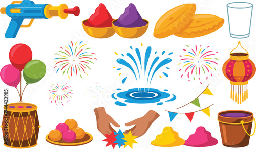 Holi festival icon set with colorful gulal powder pichkari water guns traditional sweets balloons and festive Indian celebration elements