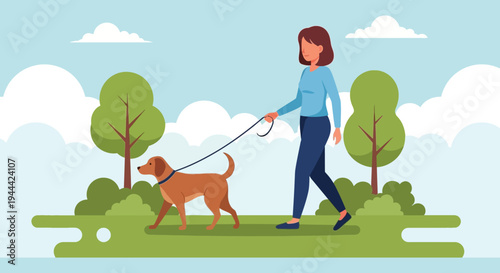 A woman cheerfully walks her dog on a leash through a park with trees and a blue sky silhouette high quality