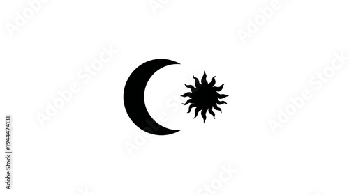 A black crescent moon beside a black sun with pointed rays on a stark white background