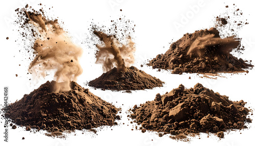 Four piles of brown dust erupt, with clouds of dust rising above