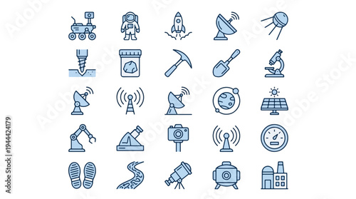 Detailed set of planetary exploration icons including a rover, astronaut, rocket ship, satellite dish, telescope, solar panel, and scientific instruments for astronomy research, galaxy, tech, science.