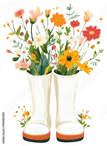 PNG A pair of white rain boots with flowers inside art illustration springtime.
