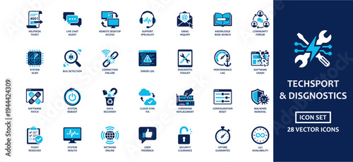 Tech Support and Diagnostics solid icon set featuring Helpdesk Ticket, Remote Desktop Access, Bug Detection, Data Recovery, Hardware Replacement, and Software Patch for professional IT maintenance.