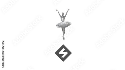 Ballerina in a tutu, stylized in monochrome, arms raised. Below is a geometric emblem
