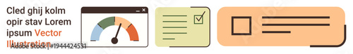 Data visualization, business performance, organization, tracking progress, productivity tools, and analytics. Speedometer, checklist and card interface elements. Data visualization and business