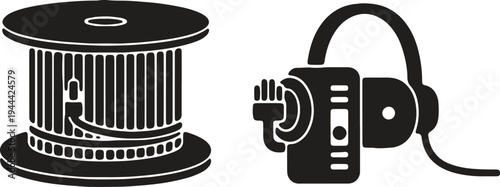 Analogy between a film reel and a computer with headphones for data or media playback.