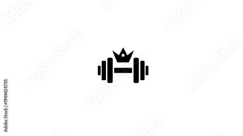 A black and white graphic featuring a dumbbell topped with a crown, on a white background