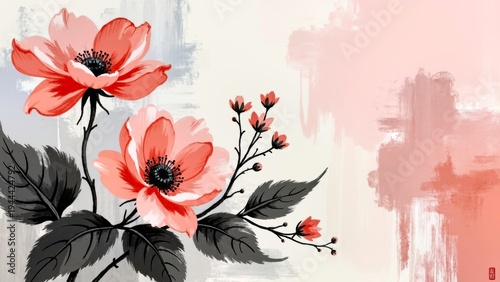 Ink red flower red background decorative painting scene