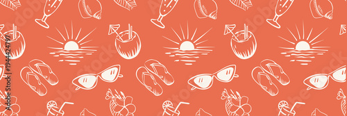 Sketches of flower, coconut cocktail, and flip-flop in the coral rays of sunrise. Summer beach pattern with relax elements hand drawn in white on a red background. For pareos, fabric, and textiles.