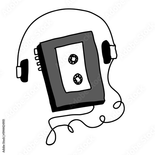 Cassette tape with headphones illustration representing retro music listening. Hand drawn vector graphic suitable for music concepts, vintage audio designs and podcast themes.