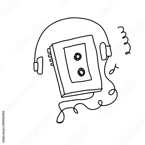 Audiobook cassette with headphones and music notes in playful hand drawn style. Vector illustration representing audio storytelling, listening and podcast entertainment.