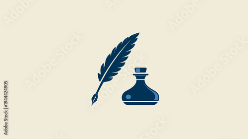 A dark blue quill and ink bottle on a cream background, suggesting writing