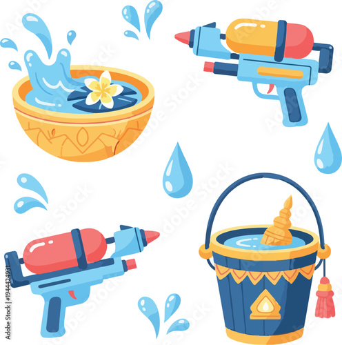 Thai Songkran Water Festival Elements Set with Water Guns, Scented Water Bowl and Sand Pagoda Bucket Vector Illustration