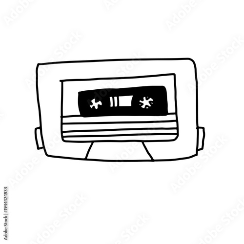 Minimal cassette tape illustration in hand drawn outline style. Retro audio technology vector graphic suitable for music themed designs, podcasts, vintage media concepts and creative projects.