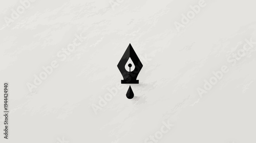 A simple, black pen nib illustration with a drop of ink, set against textured, off-white background