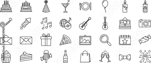 Party celebration line icons set, birthday festive event outline vector collection with cake balloons gifts music decorations and entertainment