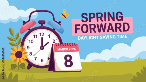 Spring-themed daylight saving time illustration with alarm clock, sunflower, calendar, and butterfly in flat minimalist style on bright background