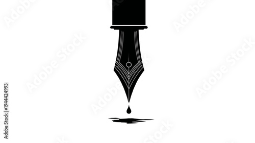 A stark black and white image depicts a fountain pen nib, with ink dripping and pooling below