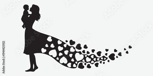 Black minimalist woman infant floating hearts doves ribbons motherhood bliss vector art