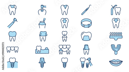 A professional blue dental treatment icons set features tooth restoration, dental implants, crowns, bridges, oral surgery tools, tooth fillings, decay repair, whitening, dentistry, healthcare, clinic