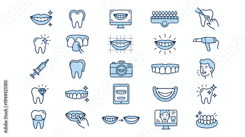 A professional set of blue line icons for cosmetic dentistry, dental health, teeth whitening, veneers, crowns, smile design, clinic equipment, and modern medical technology, healthcare, dentistry.