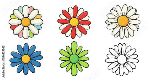 Collection of six colorful cartoon daisy flowers, vector illustration