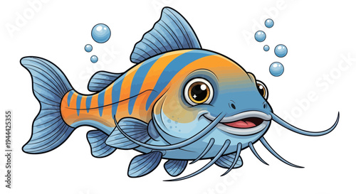 Cute Cartoon Catfish with Orange Stripes and Bubbles, Isolated on White