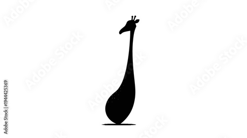 A silhouette of a giraffe, with an elongated neck and body, against a white background