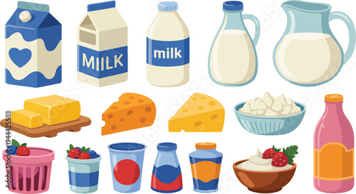 Flat cartoon illustration of assorted dairy and cheese products including milk, yogurt, whipped cream, and cheddar in pastel colors