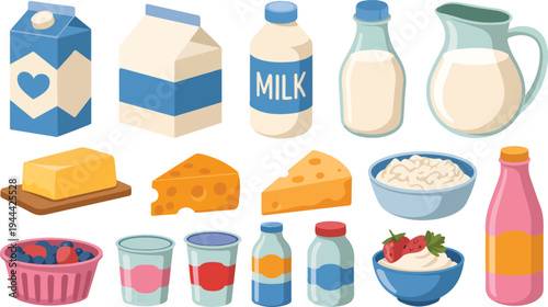 Flat cartoon illustration of assorted dairy and cheese products including milk, yogurt, whipped cream, and cheddar in pastel colors