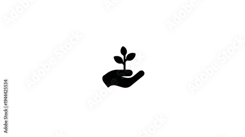 A simple black silhouette depicts a hand cradling a small plant with three leaves on a white background