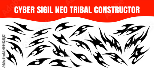 Neo tribal art constructor. Y2k cyber sigil aesthetic tattoo, simmetric ethnic celtic shape. Vector illustration of emo gothic tribal tattoo designs, acid metal music poster.