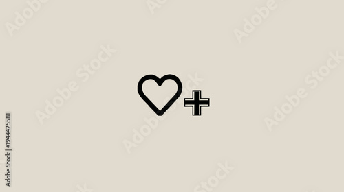Black outline of a heart adjacent to a plus sign on a beige background