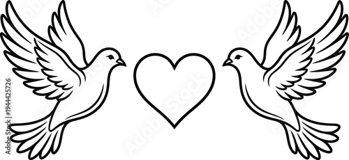 Two doves facing each other with a heart in black line art style