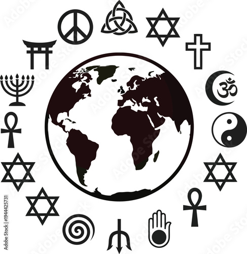 Black and white illustration of world with various religious symbols around it