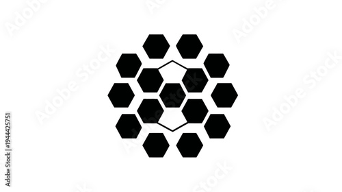 A minimalist, symmetrical design featuring a cluster of black hexagons on a white background
