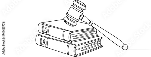 Line drawing of a gavel on top of two books on a white surface