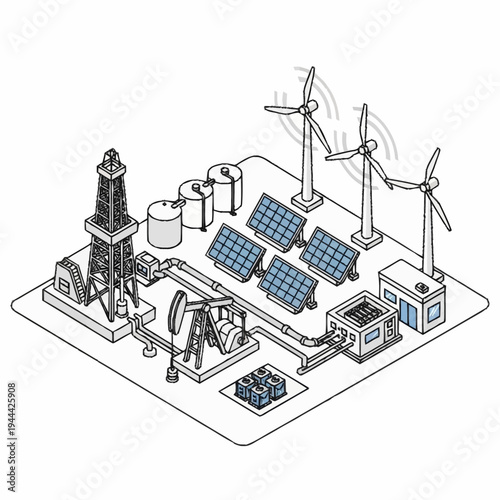Hybrid energy system combining fossil fuels and renewable sources.