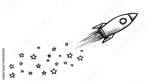 Hand-drawn illustration of a rocket ship with exhaust trails and a scattering of stars