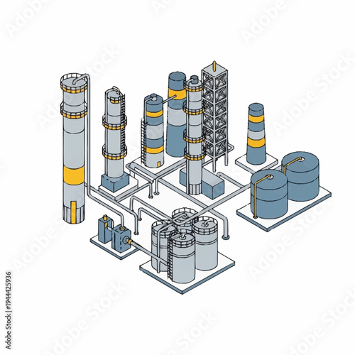 Industrial refinery plant with storage tanks and processing units.