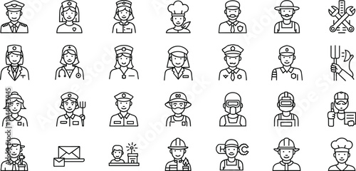 Professional occupations line icons set featuring workers nurse police farmer engineer chef construction service industry avatar collection modern minimal vector