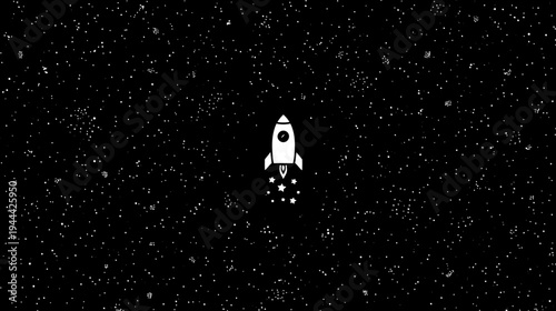 Black and white illustration of a rocket ship blasting off among stars in a deep space scene