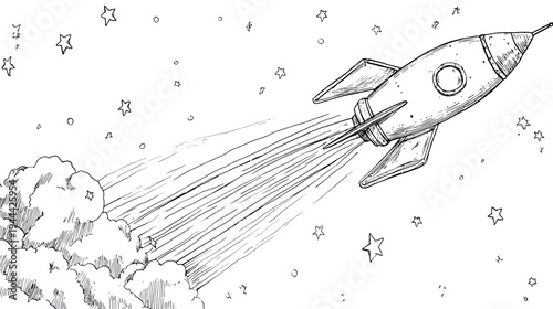 A hand-drawn image showing a rocket soaring through a starry sky. Smoke trails