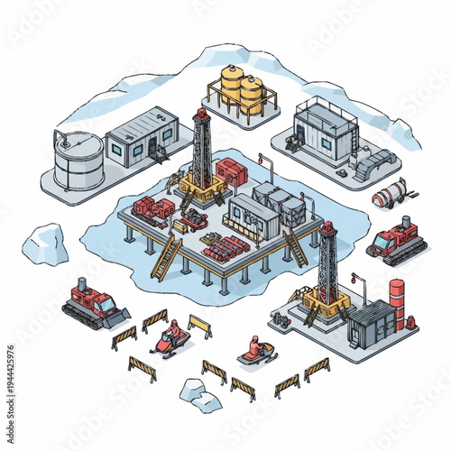 Isometric Arctic oil drilling platform and exploration equipment.